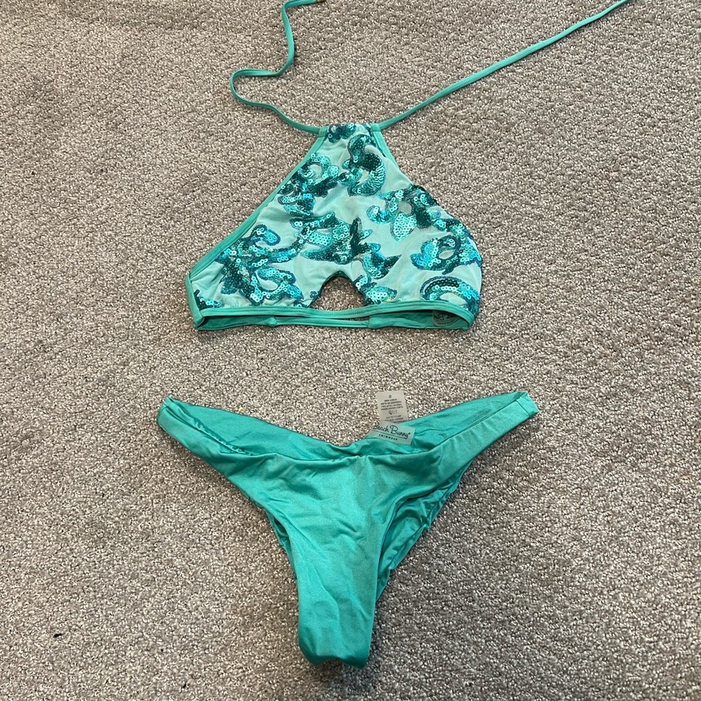 Beach bunny teal blue cheeky sequin bikini